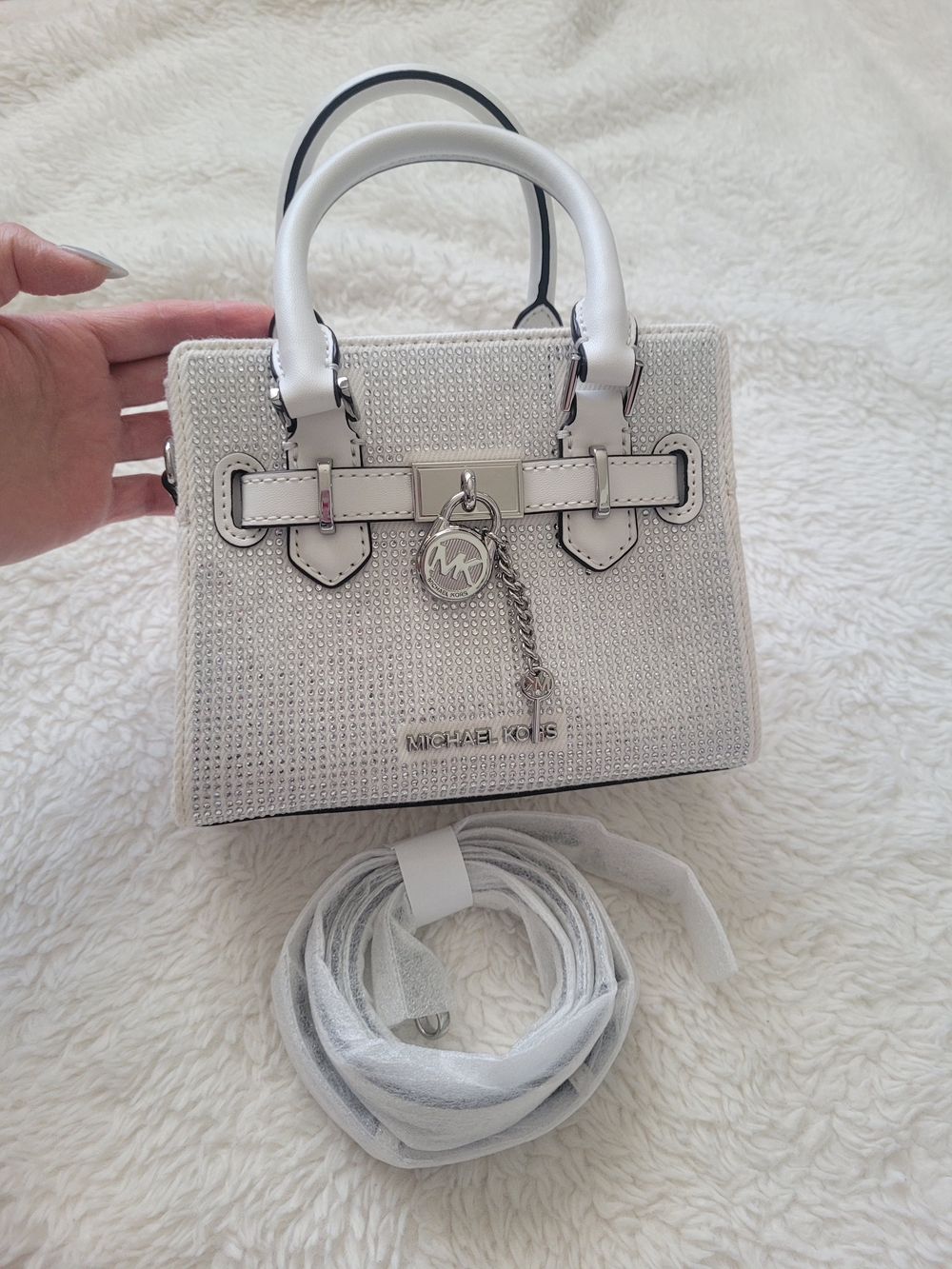 Michael Kors White Crystal-Embellished Mini Satchel with MK Charm
